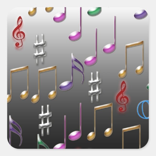 Colorful musical notes on grey background square sticker (Front)
