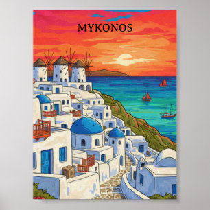 Colorful Mykonos Greece Windmills Vintage Travel  Poster
