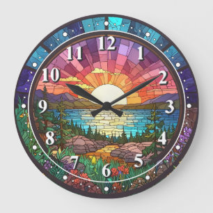 Colorful Nature Sunset Faux Stained Glass Mosaic Large Clock