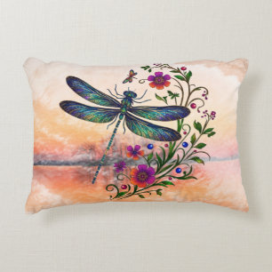 Colorful Nature Vibrant Dragonfly Floral Art  Accent Pillow