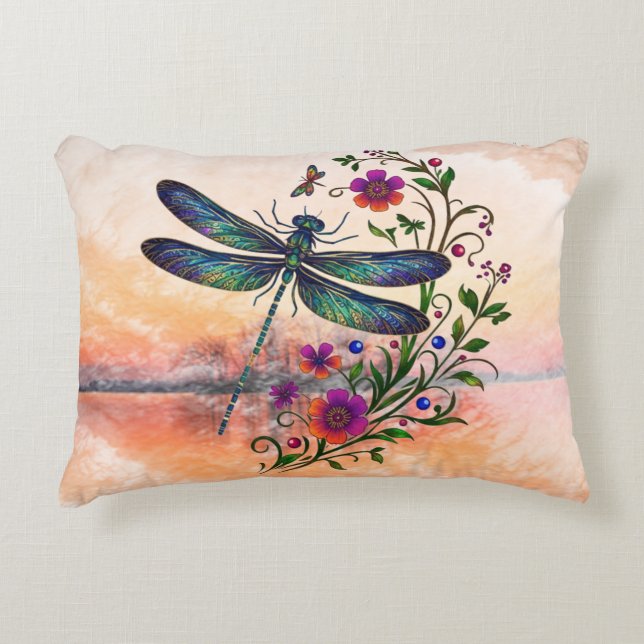 Colorful Nature Vibrant Dragonfly Floral Art  Accent Pillow (Front)