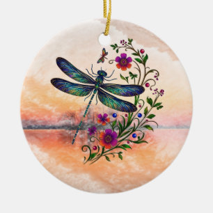 Colorful Nature Vibrant Dragonfly Floral Art Ceramic Ornament
