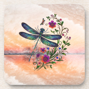 Colorful Nature Vibrant Dragonfly Floral Art  Coaster