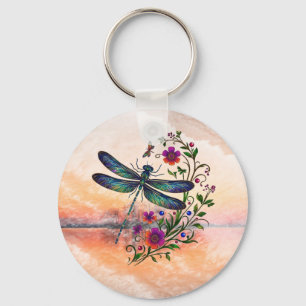 Colorful Nature Vibrant Dragonfly Floral Art  Keychain