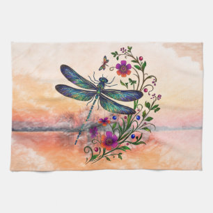Colorful Nature Vibrant Dragonfly Floral Art Kitchen Towel