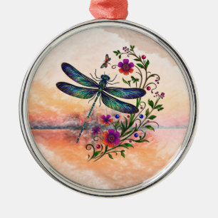 Colorful Nature Vibrant Dragonfly Floral Art Metal Ornament
