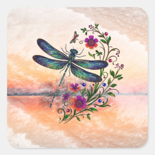 Colorful Nature Vibrant Dragonfly Floral Art Square Sticker