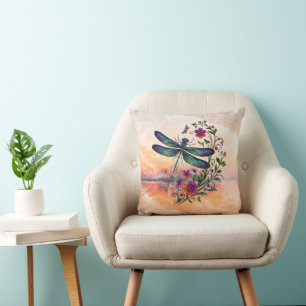 Colorful Nature Vibrant Dragonfly Floral Art  Throw Pillow