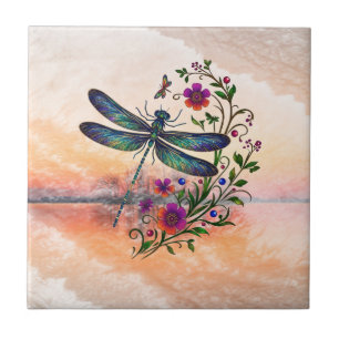 Colorful Nature Vibrant Dragonfly Floral Art Tile