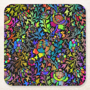 Colorful Neon Colored Floral Pattern Square Paper Coaster