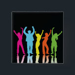 Colorful Neon Dancing Silhouettes Retro Party 2 Inch Square Button<br><div class="desc">Add a burst of retro energy to your jacket, bag, or lanyard with this neon dancing silhouettes button. Featuring five bright dancers in pink, blue, yellow, orange, and green against a solid black background, this pin captures a fun 80s and 90s nightclub vibe. The mirrored reflection at the bottom adds...</div>