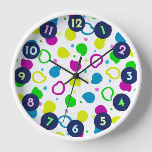 Colorful neon dots and shapes retro pattern clock