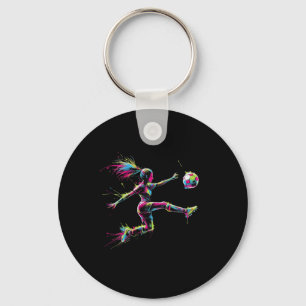 Colorful Neon Girl Soccer Art Splash Sport Design Keychain