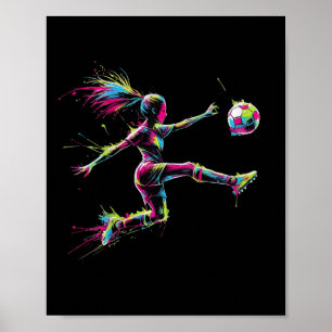 Colorful Neon Girl Soccer Art Splash Sport Design Poster