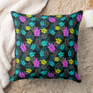 colorful neon rowan leaves on black throw pillow