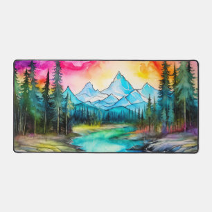 Colorful Northern Light Watercolor Illustration Desk Mat