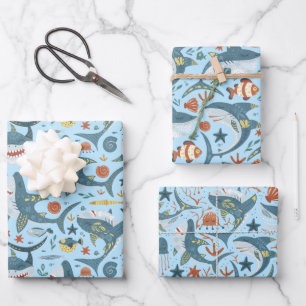 Colorful Ocean Marine Sea Shark Children Birthday Wrapping Paper Sheet