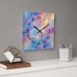 Colorful opal swirly flowing marble texture square wall clock<br><div class="desc">Elevate the ambiance of your living room with our luxurious opal swirly marble-textured wall clock with Roman numerals. This beautifully crafted clock adds a sophisticated and stylish touch to your living space. Optional monogram.</div>