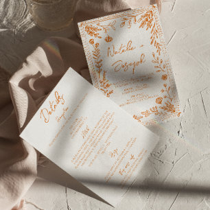 Colorful Orange Drawn Floral All In One Wedding Invitation