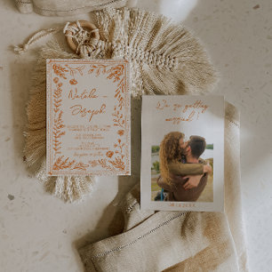 Colorful Orange Hand Drawn Floral Photo Wedding Invitation