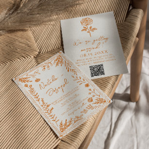Colorful Orange Hand Drawn Floral QR Code Wedding Invitation