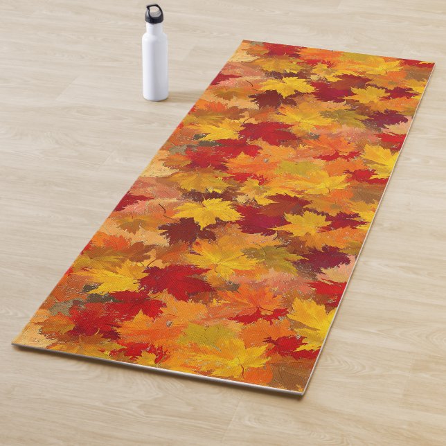 Colorful Orange Watercolor Leaf Pattern Yoga Mat (In Situ)
