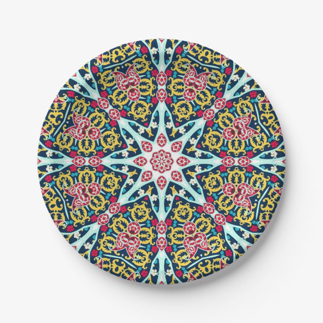 Colorful Ornamental Rosette Mandala Art Paper Plate (Front)