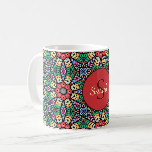Colorful Ornate Kaleidoscope Elegant Monogram Coffee Mug (Front Left)