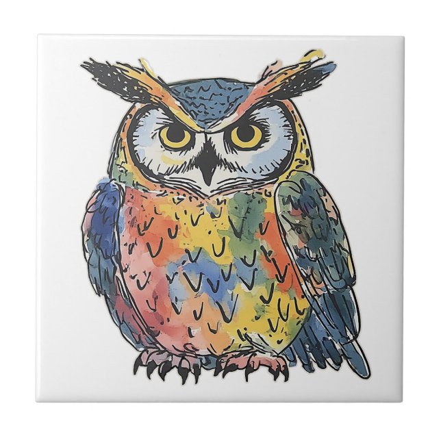 Colorful Owl Watercolor Tile (Front)