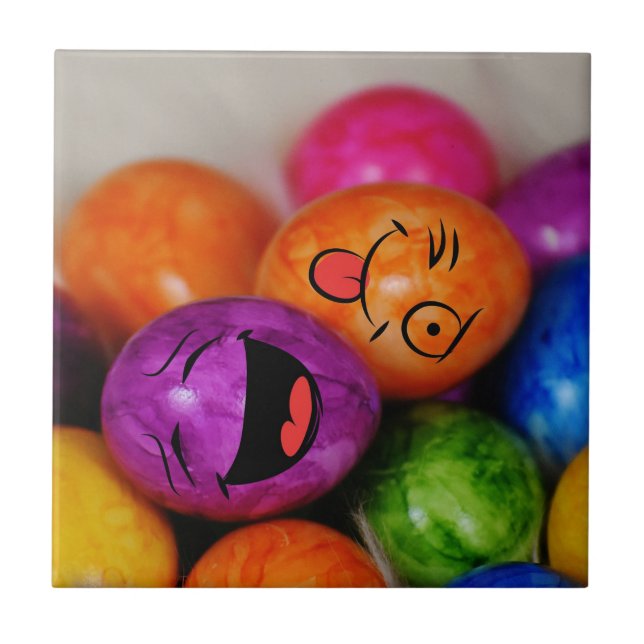 Colorful Painted Easter Eggs with Funny Faces Tile (Front)