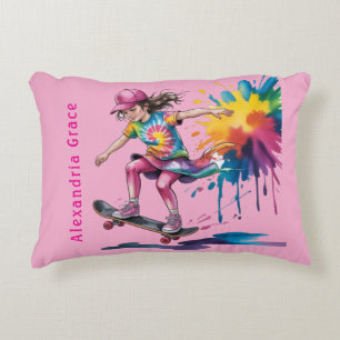 Colorful Painted Girl Skateboarder Birthday Gift Accent Pillow