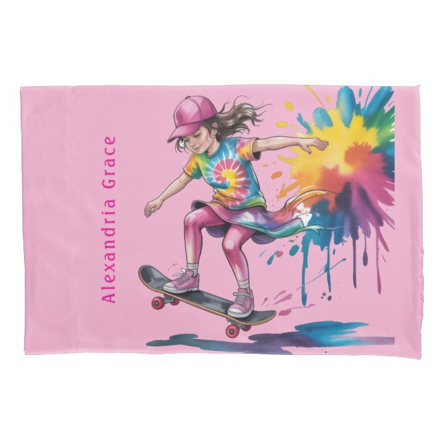 Colorful Painted Girl Skateboarder Birthday Gift Pillowcase (Front)