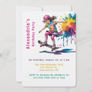 Colorful Painted Girl Skateboarder Birthday Party Invitation