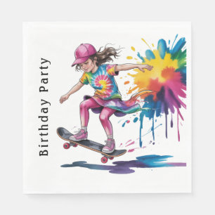 Colorful Painted Girl Skateboarder Birthday Party Napkin