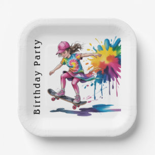 Colorful Painted Girl Skateboarder Birthday Party Paper Plate