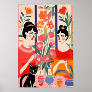 Colorful Painting of Two Ladies Drinking Tea Poster