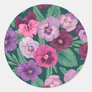 Colorful pansies on dark greenish blue classic round sticker