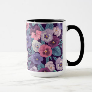 Colorful pansies on deep violet mug