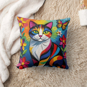 Colorful Paper Cat, Flowers and Butterflies Throw Pillow