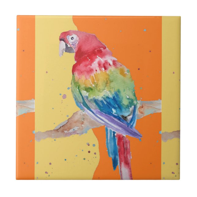 Colorful Parrot Macaw Watercolor Ceramic Tile (Front)