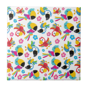 Colorful Parrots, Tropical Parrots, Birds, Flowers Tile