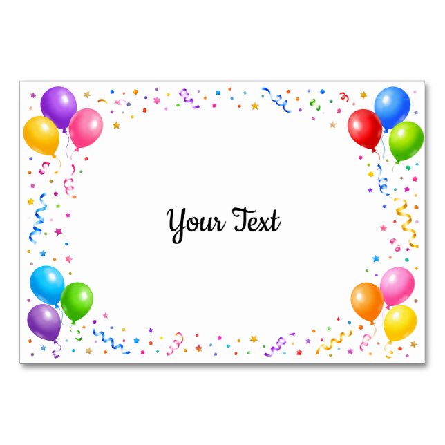 Colorful Party Balloons Confetti Frame Design Table Number (Front)