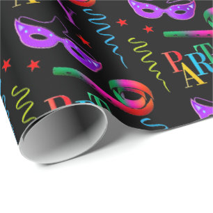 Colorful Party Masks Celebration Collage Black Wrapping Paper