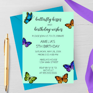 Colorful Pastel Butterfly Kisses Birthday Party Invitation