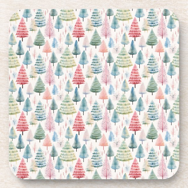 Colorful Pastel Christmas Pine Trees Pattern Coaster (Front)