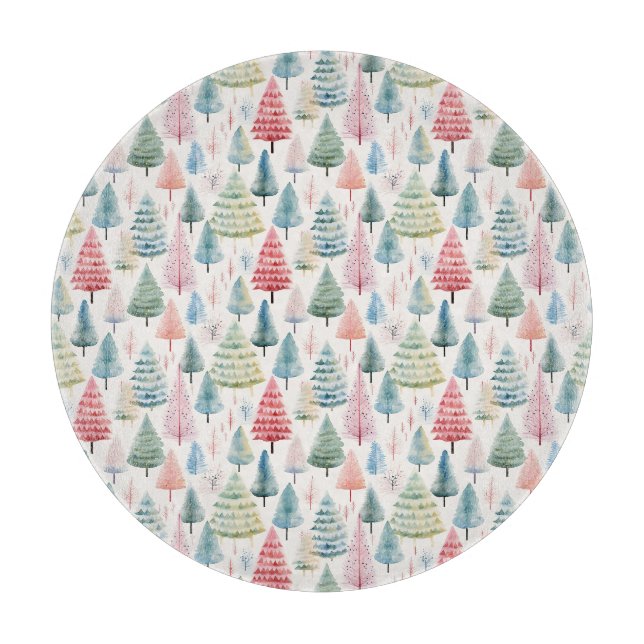 Colorful Pastel Christmas Pine Trees Pattern Cutting Board (Front)