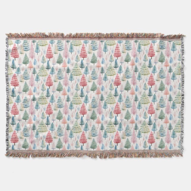 Colorful Pastel Christmas Pine Trees Pattern Throw Blanket (Front)