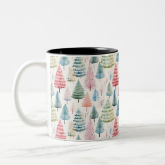 Colorful Pastel Christmas Pine Trees Pattern Two-Tone Coffee Mug