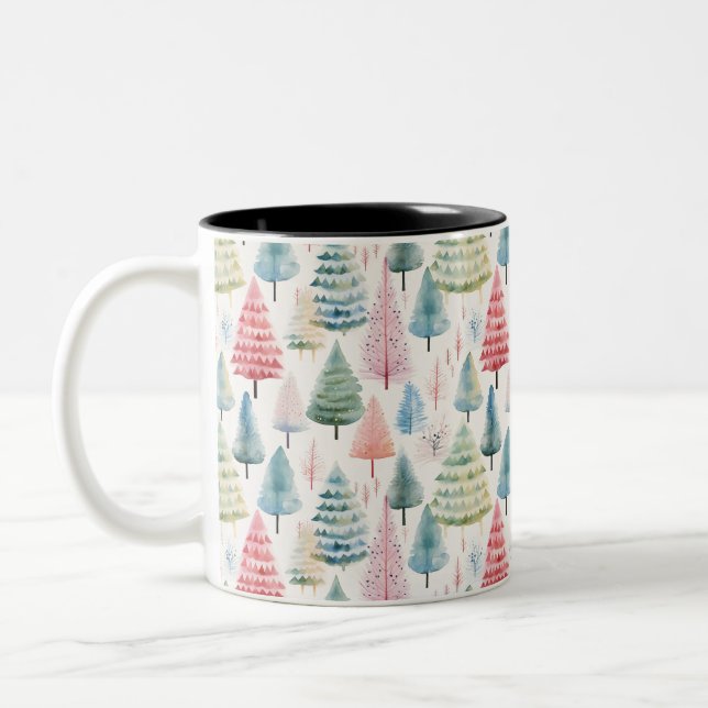 Colorful Pastel Christmas Pine Trees Pattern Two-Tone Coffee Mug (Left)