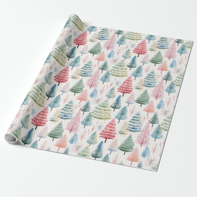 Colorful Pastel Christmas Pine Trees Pattern Wrapping Paper (Unrolled)